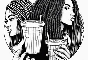 Black guy with dreads inside a foam cup with two girls tattoo idea
