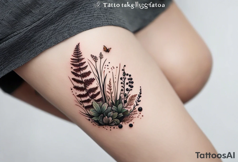 minimalistic forest floor inspired tattoo, which includes grass, moss, curly ferns and dead leaves as the bulk of the tattoo. details to include: forest berries, couple of very small brown mushrooms, a tiny bumblebee flying nearby tattoo idea