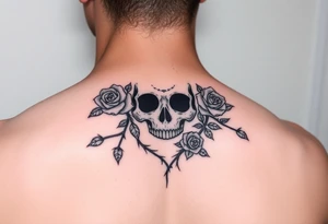gothic skull intertwined with climbing roses and thorny vines tattoo idea