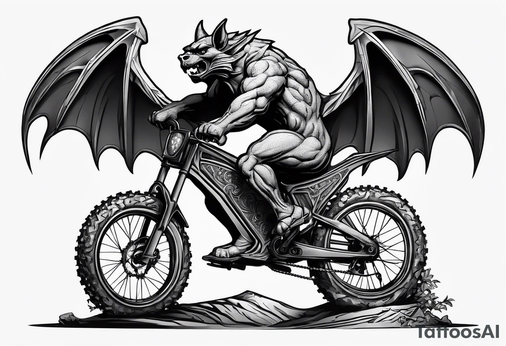 gargoyle riding a full suspension mountain bike with a shadow no background tattoo idea