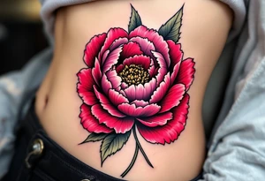 A large peony flower in shades of red and purple with bold black outlines. tattoo idea