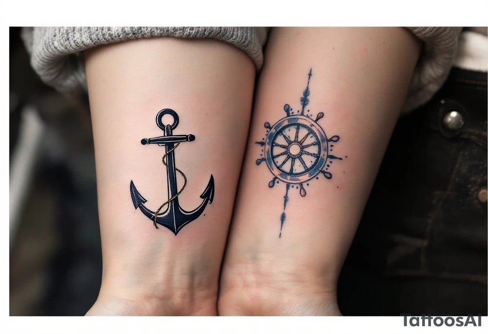 A delicate black anchor for her and a matching ship’s wheel for him in dark navy on the inner forearms symbolize stability and direction in love. tattoo idea