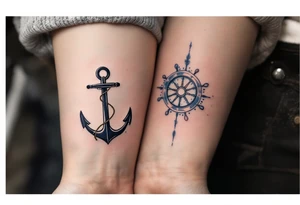 A delicate black anchor for her and a matching ship’s wheel for him in dark navy on the inner forearms symbolize stability and direction in love. tattoo idea