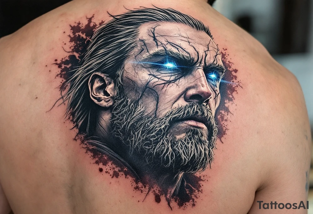 A close-up of Thor’s face from Endgame, with battle scars, glowing blue eyes, and Stormbreaker raised, in hyper-realistic shades of blue, silver, and deep red. tattoo idea