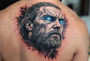 A close-up of Thor’s face from Endgame, with battle scars, glowing blue eyes, and Stormbreaker raised, in hyper-realistic shades of blue, silver, and deep red. tattoo idea