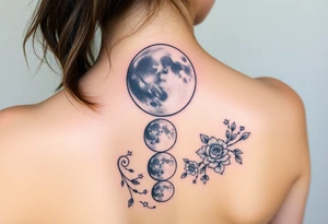 All the Phases of the moon detailed down the spine details on the moon. With vines and stars and flowers along the sides down beside the phases of the moon tattoo idea