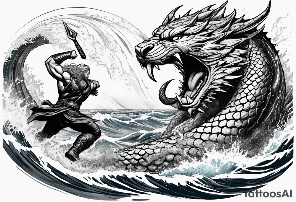 Thor fighting Jormungandr in the ocean in a typhoon tattoo idea