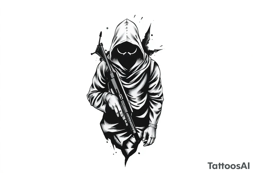 Minimalist covert operative symbolism representing loyalty and survival, faceless soldier silhouette emerging from darkness, torn fabric, subtle scars, controlled posture, black and grey realism, emotional restraint, understated strength, tattoo sleeve element. tattoo idea