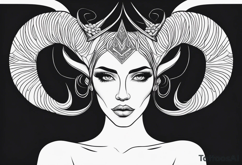 minimalist symmetrical woman head with curved horns facing downwards dark realism looking front facing view tattoo idea