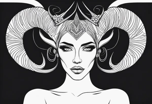 minimalist symmetrical woman head with curved horns facing downwards dark realism looking front facing view tattoo idea