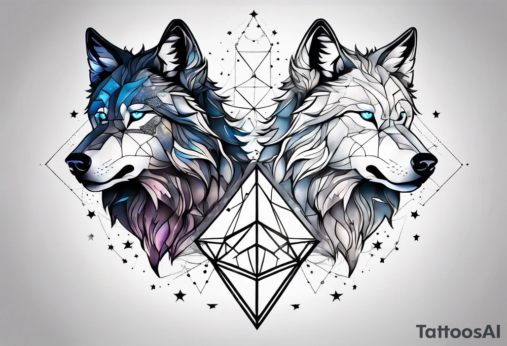 Constellation, two animal wolf, géométric tattoo idea