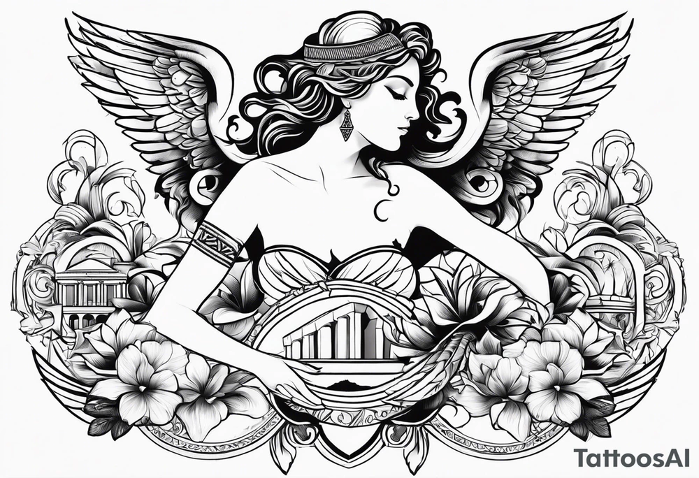 Eros definition with Greek architecture and symbols of love tattoo idea