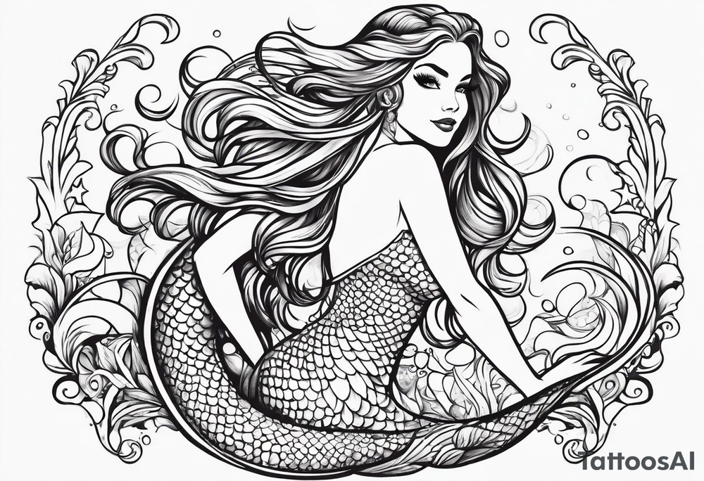 Mermaid full body, curvy, one arm up in the air, smiling tattoo idea