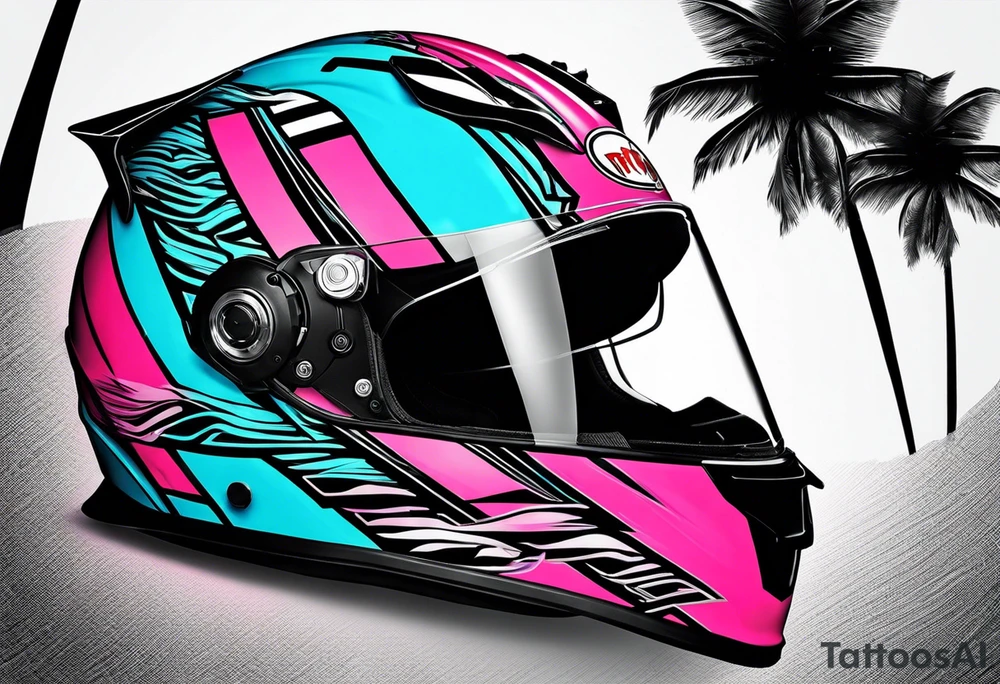 formula 1 helment with a palm tree and black light blue and pink colors tattoo idea