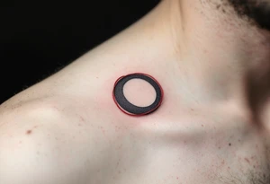 A faint gray circle with a red thread looping around its perimeter, symbolizing destiny. tattoo idea