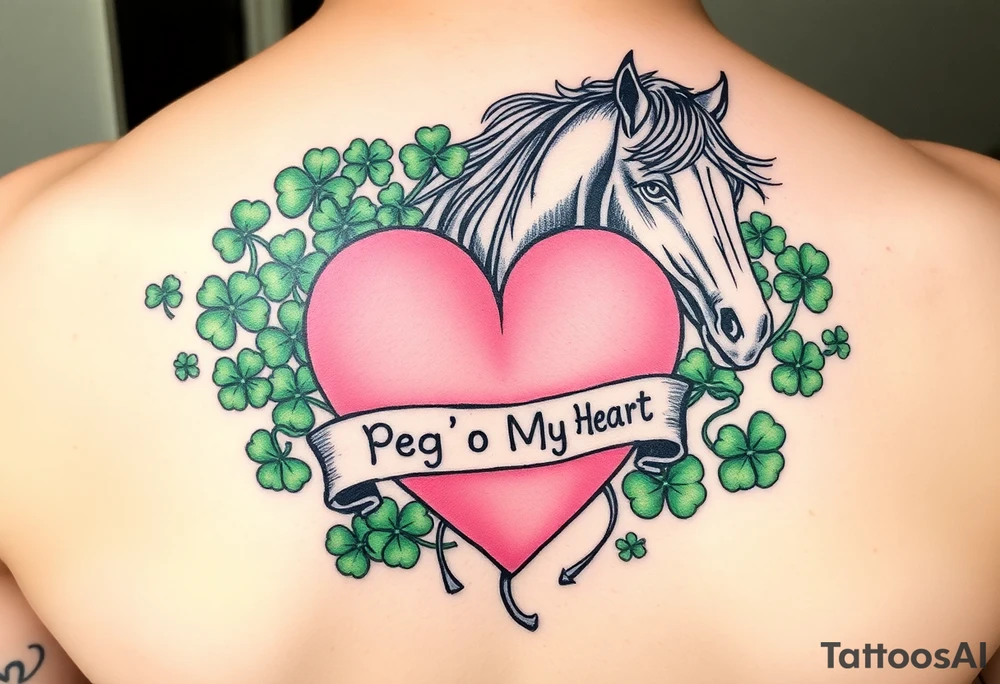 A lot of green shamrocks & a horses with a big Pink heart and a banner across the heart that says Peg 'o My Heart tattoo idea