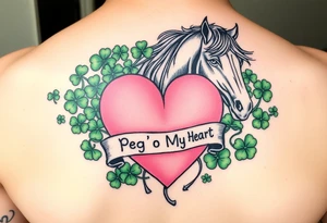 A lot of green shamrocks & a horses with a big Pink heart and a banner across the heart that says Peg 'o My Heart tattoo idea