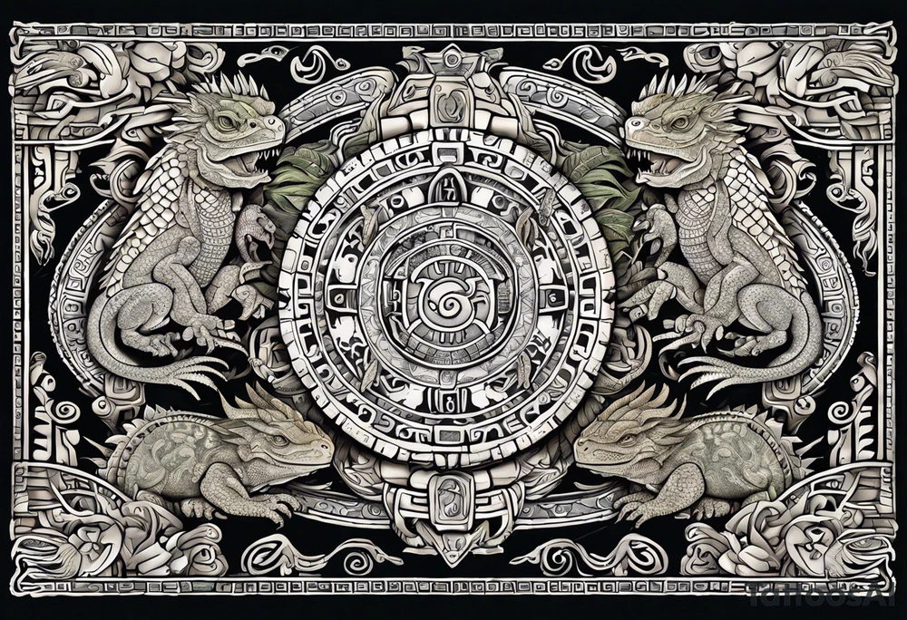 Mayan calendar with iguanas on each side with long tails intertangled tattoo idea