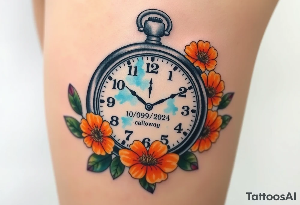 Beautiful pocket watch reading 2:37 with  10/09/2024 and Jackson Calloway in the face of watch surrounded by orange marigolds tattoo idea