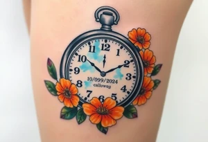 Beautiful pocket watch reading 2:37 with  10/09/2024 and Jackson Calloway in the face of watch surrounded by orange marigolds tattoo idea