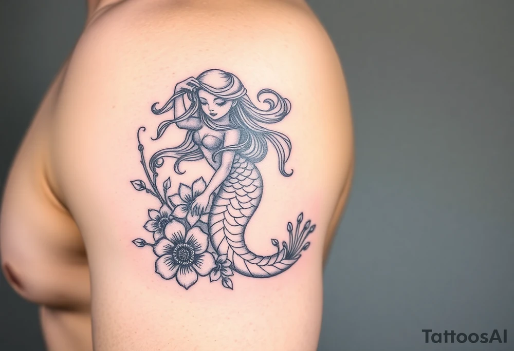 ethereal mermaid with flowing hair among coral and sea flowers tattoo idea