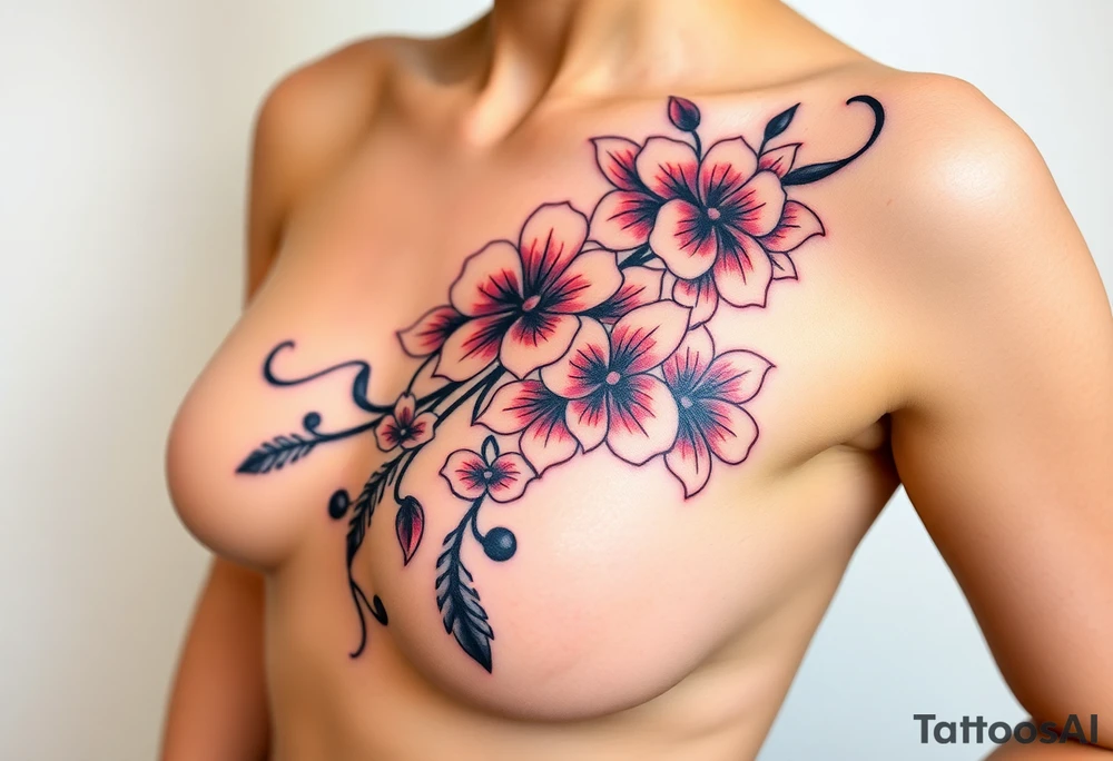 This is a tattoo of a string of flowers in bloom and is on a woman. It starts on her left side of the chest on the pectoral with a Glaiolus and Daisy pushed together. The tattoo rises over the left shoulder and down the arm and ends at the elbow. The tattoo will feature a primroses, Calla Lilys, and Lillys. They can have multiple flowers but 1 of each will pop with shading and be colored in. tattoo idea