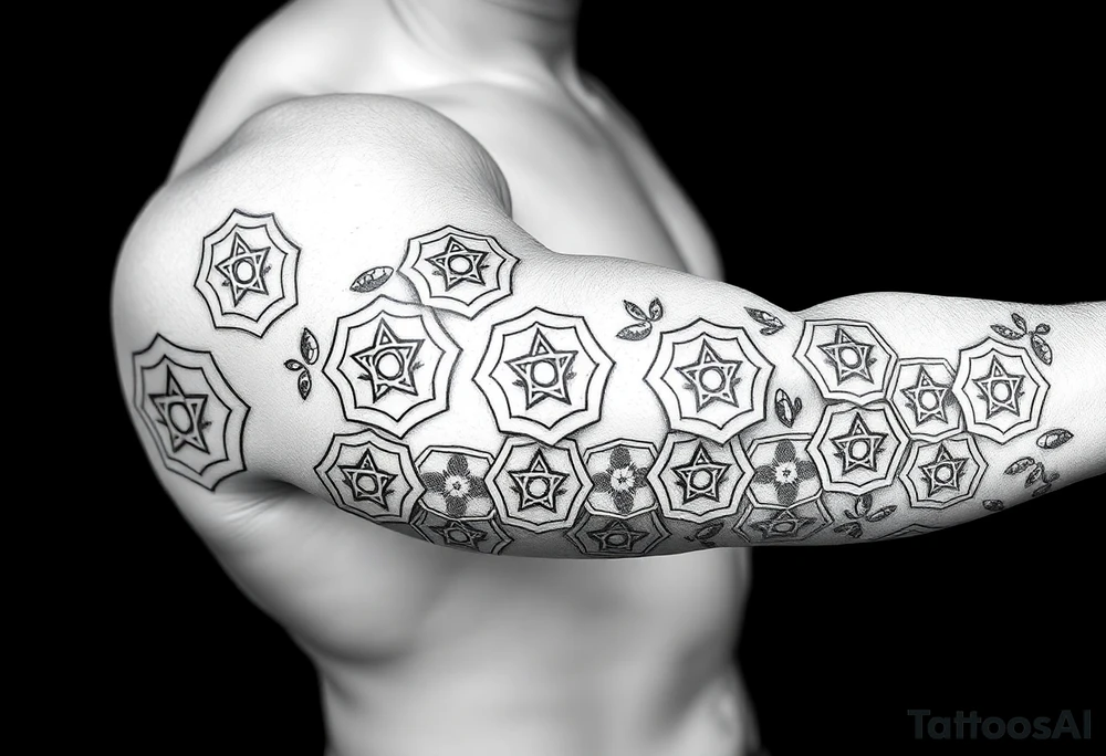Good karma symbols inside honey combs repeated tattoo idea