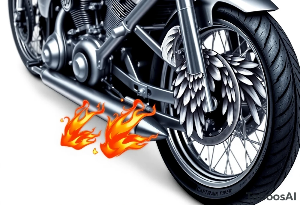 Low rider grey motorcycle, big muffler pipes with flames, angel wings tattoo idea