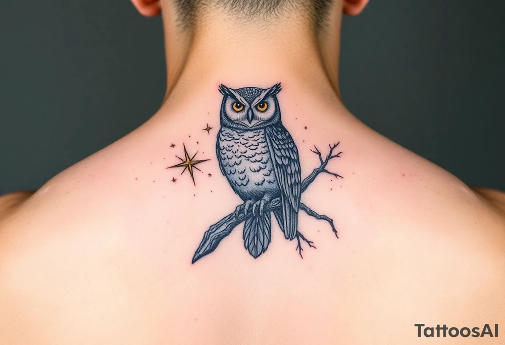 wise owl perched on ancient oak branch under starlit sky tattoo idea