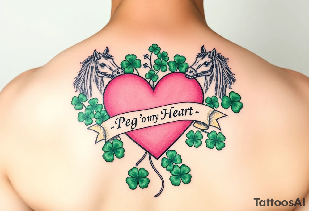 A lot of green shamrocks & horses with a big Pink heart and a banner across the heart that says Peg 'o My Heart tattoo idea