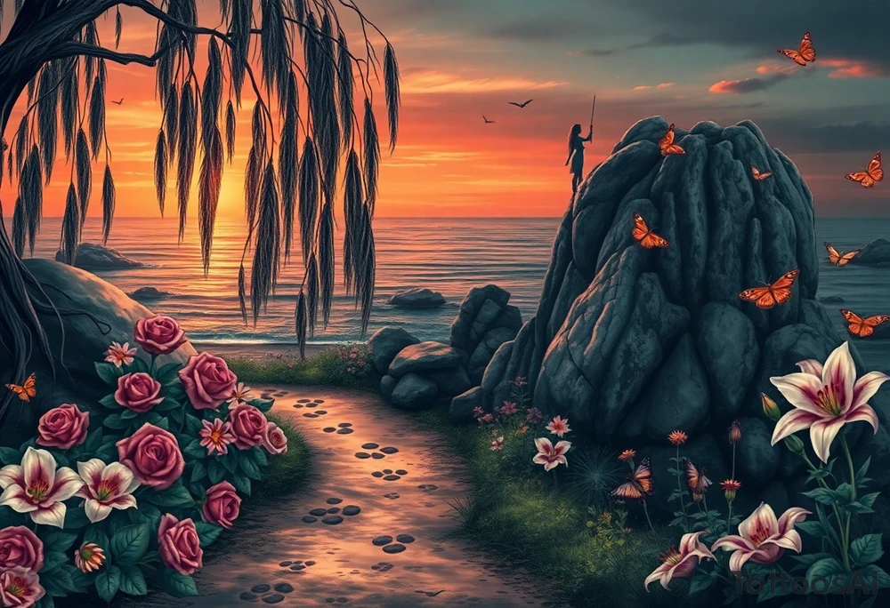 Dark ocuean with rocks sunset, weeping willow garden with roses and lilies flower beds. fantasy creatures, fairies, siren, dragonflies, butterflies, cat paw prints path in dirt. tattoo idea