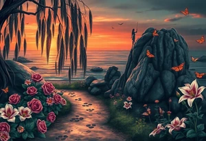 Dark ocuean with rocks sunset, weeping willow garden with roses and lilies flower beds. fantasy creatures, fairies, siren, dragonflies, butterflies, cat paw prints path in dirt. tattoo idea