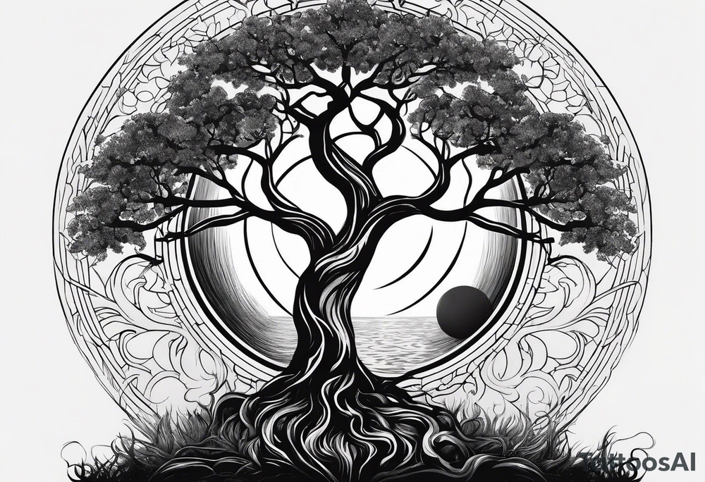 Tree of life with deep roots, the tree is holding the sun and the moon tattoo idea