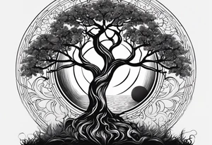 Tree of life with deep roots, the tree is holding the sun and the moon tattoo idea