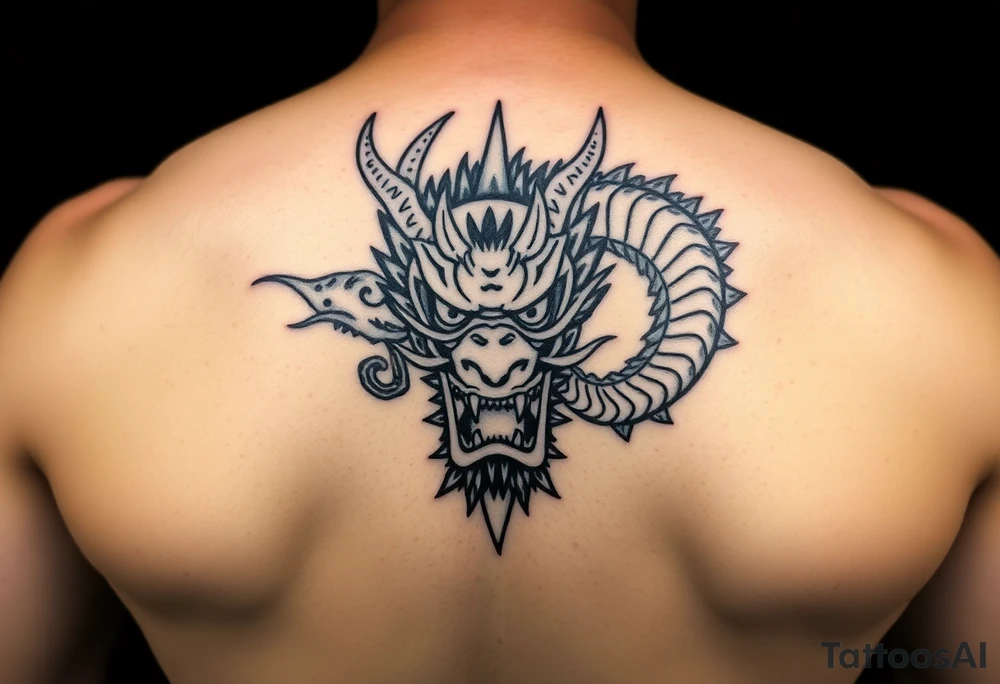 Tatuaje en espalda completa de la cabeza de un dragón demonio japones tattoo idea