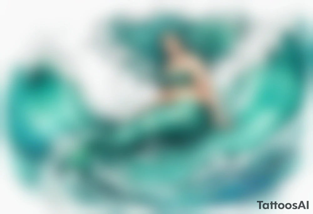 a beautiful chubby turquoise mermaid emerging from an ocean wave, crashing onto the shore tattoo idea