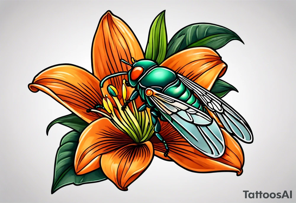 Neo traditional Cicada with orange lily tattoo idea