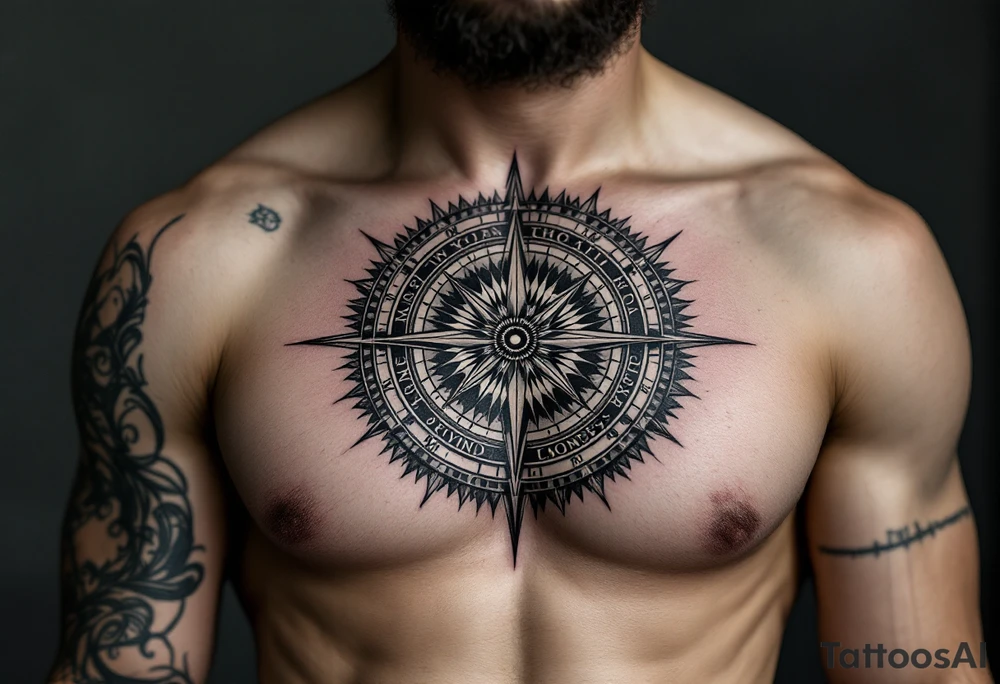 Chest tattoo with Roman stoic theme with sun dial compass tattoo idea