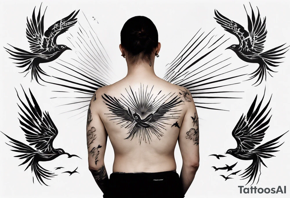 a shoulder tattoo with rays of light, clouds and birds flying free tattoo idea
