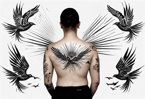 a shoulder tattoo with rays of light, clouds and birds flying free tattoo idea