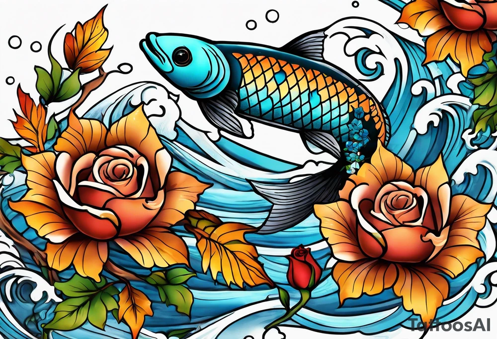 thigh tattoo with fall colors showing, leaves, koi fish, small flowers, roses, water flow, and sky tattoo idea