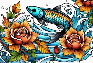 thigh tattoo with fall colors showing, leaves, koi fish, small flowers, roses, water flow, and sky tattoo idea