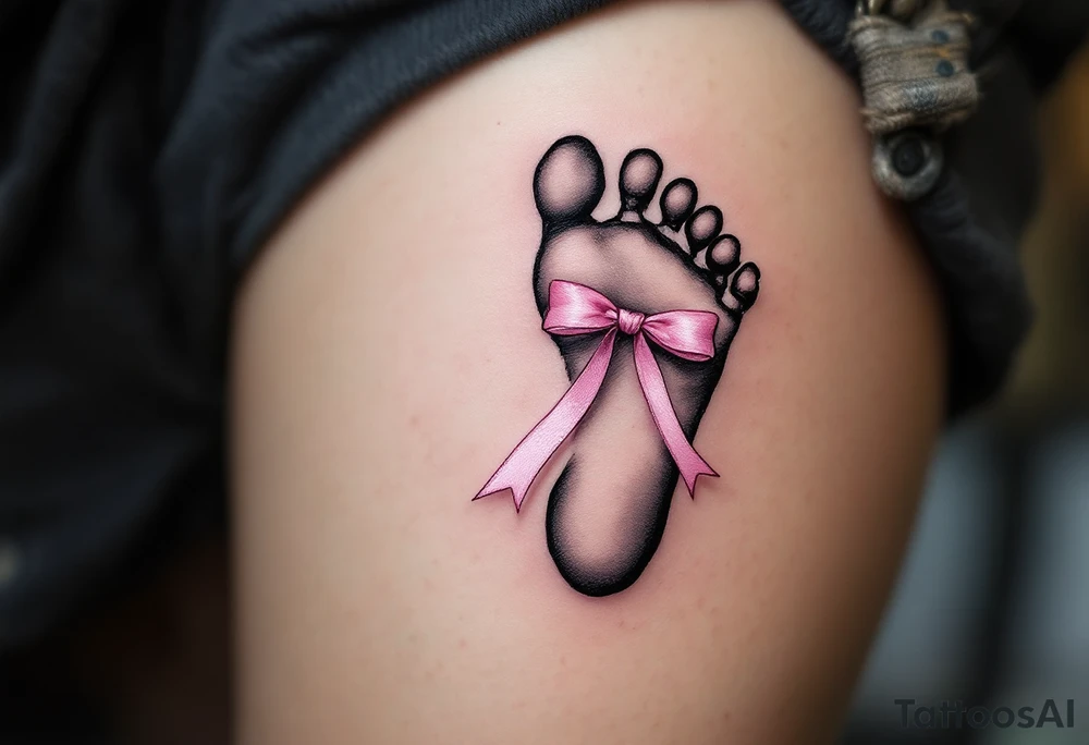 A tiny footprint in soft gray with a pink ribbon tied around it, personalized with a birthdate Lena 26. 03. 2019. tattoo idea