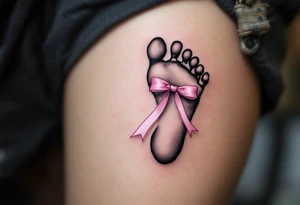 A tiny footprint in soft gray with a pink ribbon tied around it, personalized with a birthdate Lena 26. 03. 2019. tattoo idea