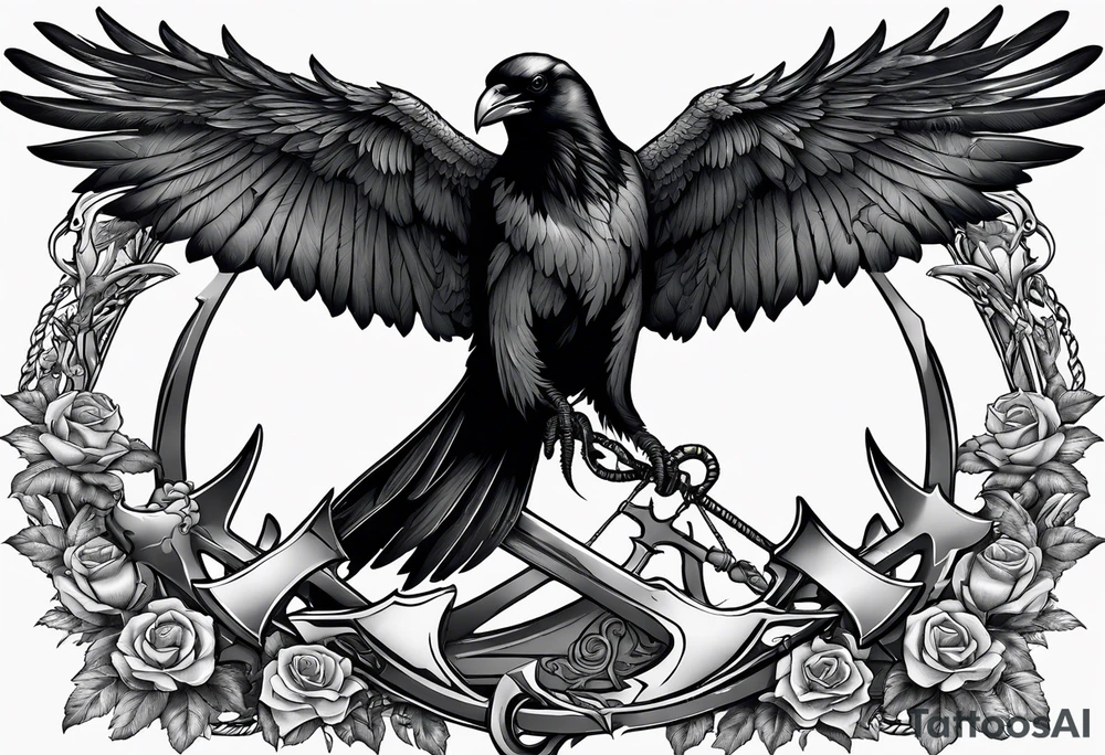 Raven holding skull in claw,and scythe in the shape of anchor tattoo idea