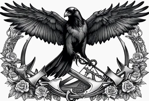 Raven holding skull in claw,and scythe in the shape of anchor tattoo idea