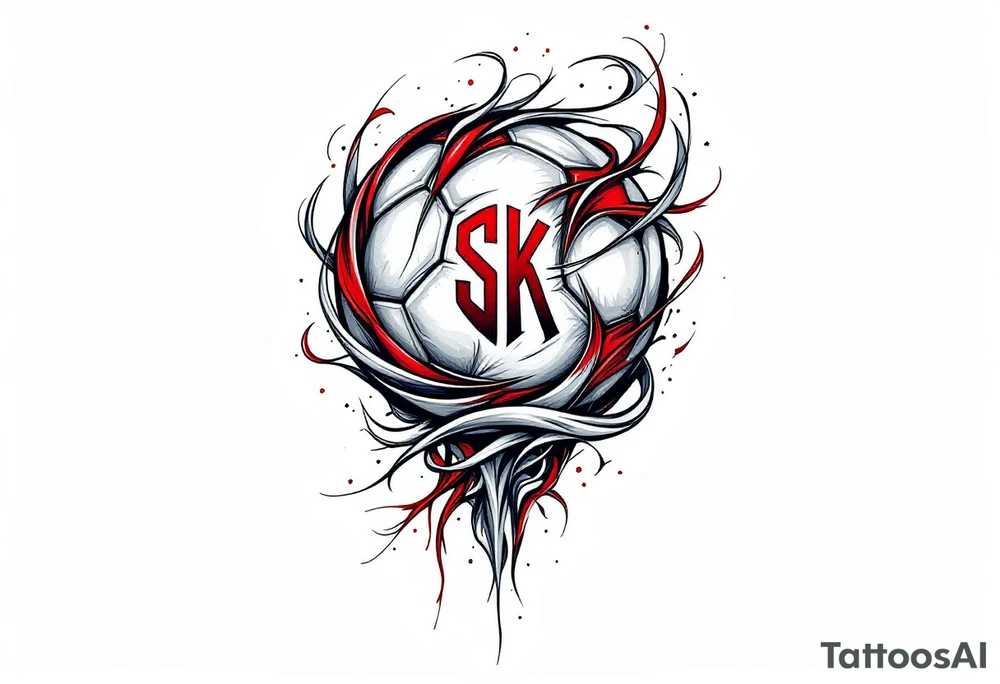 A tribal-inspired design featuring a red and white ball intertwined with the club’s initials "SK Slavia Praha". tattoo idea