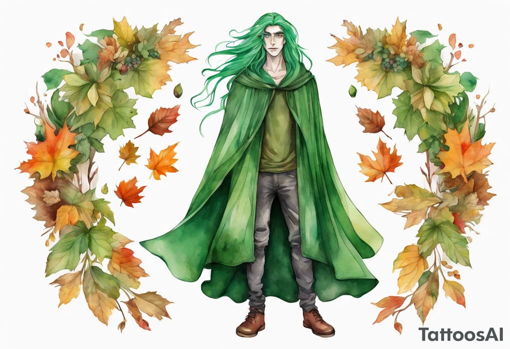 A tall, beautiful 19 year old man with autumn leaves in his long green hair, green skin and a cloak covered with flowers. tattoo idea