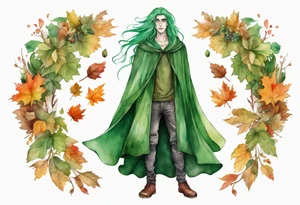 A tall, beautiful 19 year old man with autumn leaves in his long green hair, green skin and a cloak covered with flowers. tattoo idea