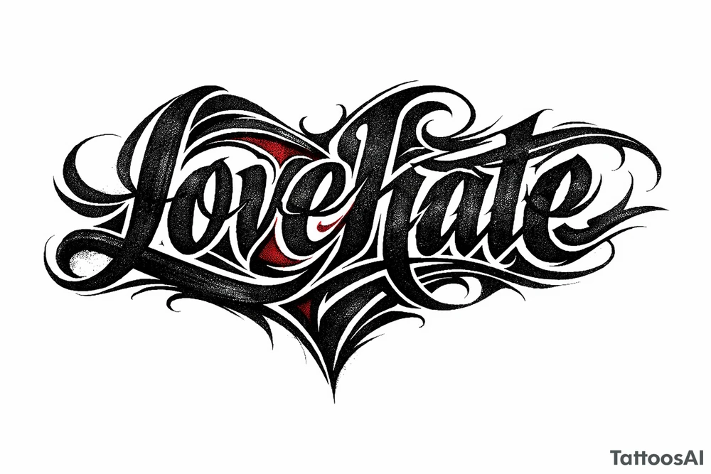 Textured font 'lovehate' in charcoal with deep red highlights.combine the two words to make one word overlapping love and hate tattoo idea